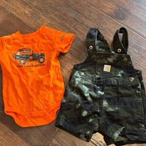 Carhartt Orange Graphic Onesie and Camo Overalls